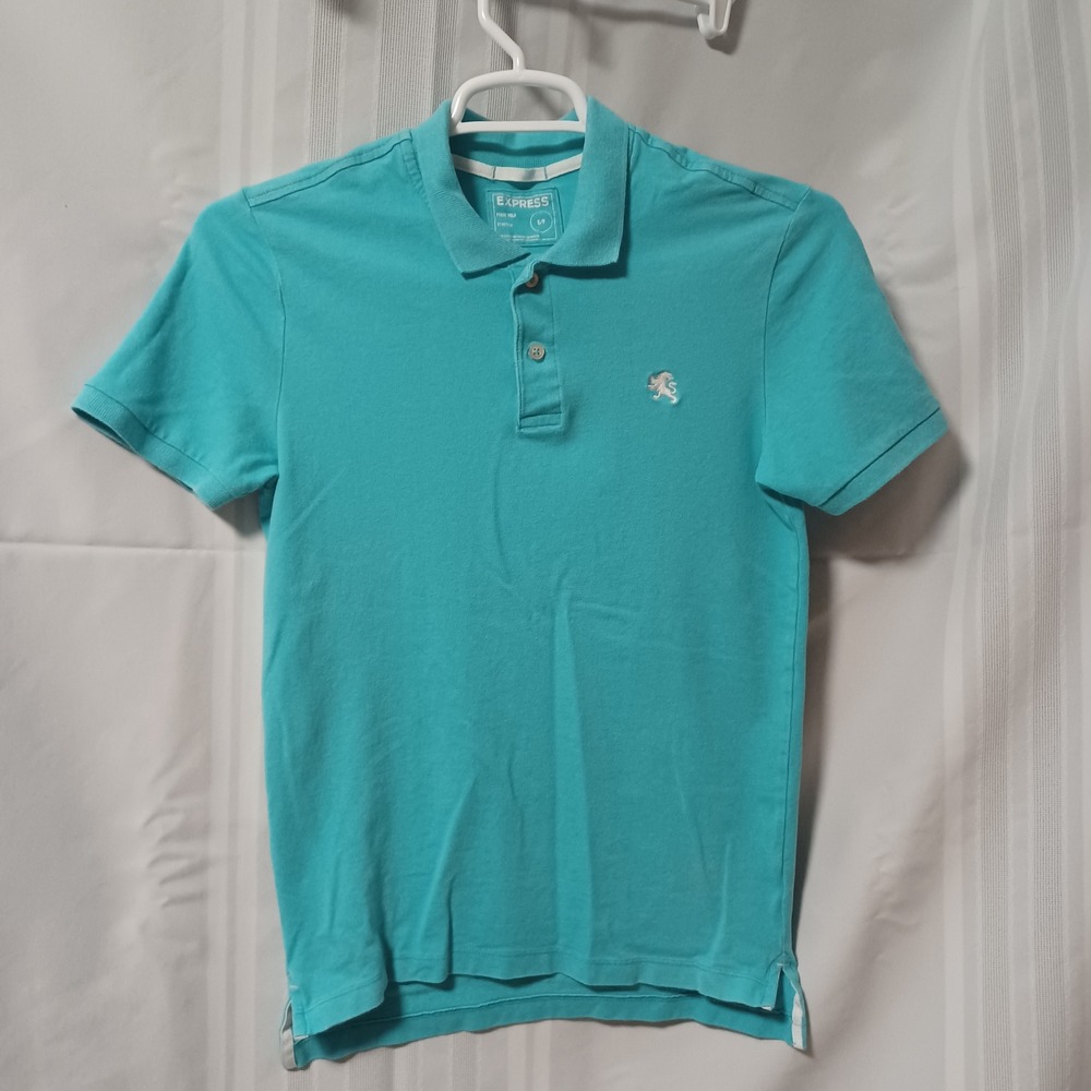 Express Pique Polo Men Small Teal Blue Pique Polo Stretch Lion Logo Short Sleeve